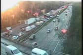 Heavy traffic queueing on the southbound carriageway of the M6 between Standish and Orrell