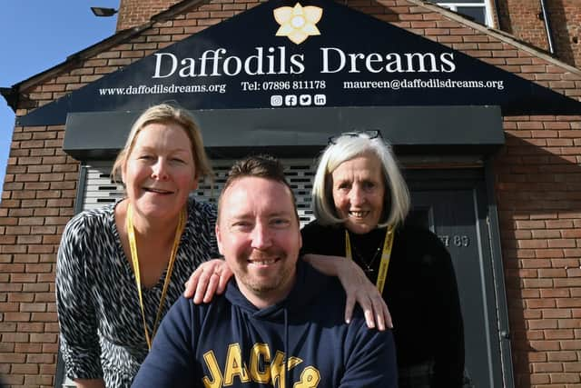 Fund-raiser Keith Ribchester prepares for the gruelling trek over the Brecon Beacons with support from Maureen Holcroft and Noreen Bond from Daffodils Dreams