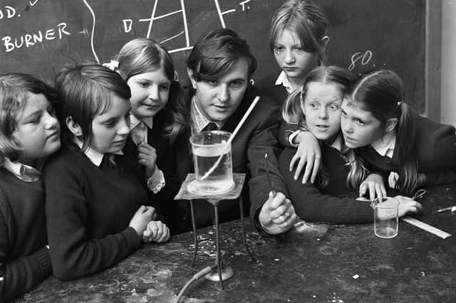 A science lesson with teacher John Davies at Pemberton Secondary Girls School in September 1971.