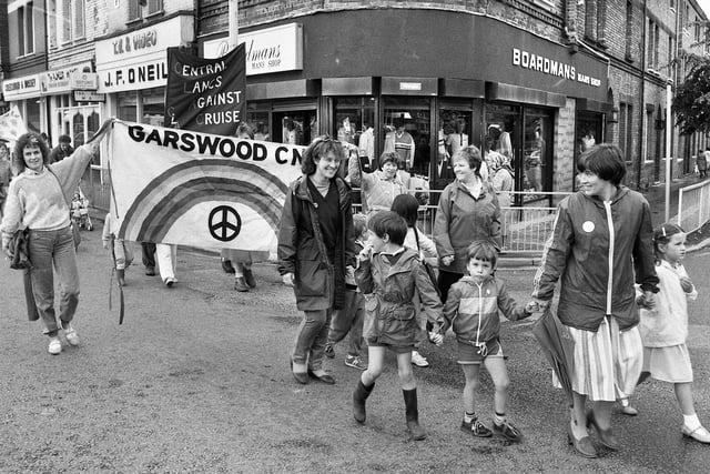 CND supporters marching down Market Street, Wigan, on Saturday 22nd of June 1985.