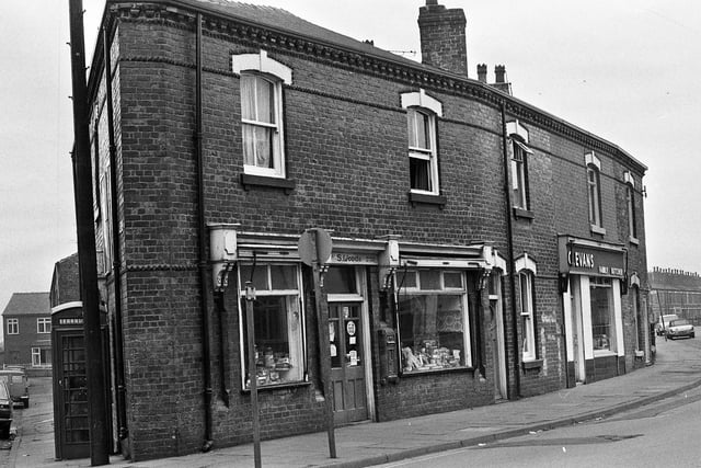 Shops in Springview in 1974.  They were on the corner of Field Street and Warrington Road with one being S. Woods, which was a general store and also sold decorating materials and wallpaper and the other was C. Evans butcher.