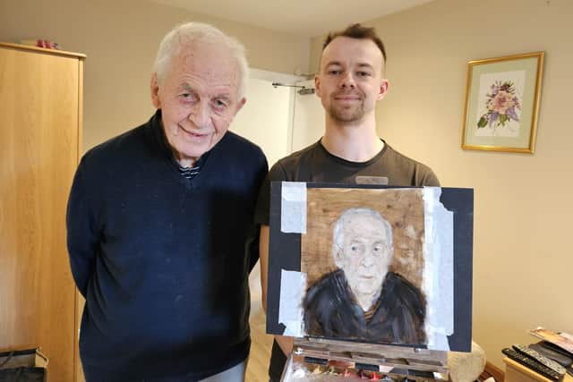 Joe Whitmore (pictured with Ken Sumner and his paiting) will return to the home to paint a further two portraits of residents.