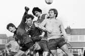 Gary Dickens takes on two defenders and the goalkeeper for the Post and Chronicle Sunday League against Oldham Sunday League in the Lancashire Inter League Tourney quarter-final at Ashton Town's ground on Sunday 21st of December 1980.
The Post League won in a competition record win 11-2.