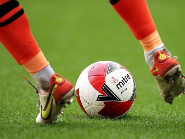 WIGAN, ENGLAND - JANUARY 08: The Mitre Delta Max Emirates FA Cup match ball is seen during the Emirates FA Cup Third Round match between Wigan Athletic and Blackburn Rovers at DW Stadium on January 08, 2022 in Wigan, England. (Photo by Lewis Storey/Getty Images)