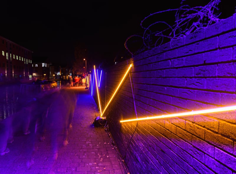 Lights on the Leeds and Liverpool canal as part of the Wigan Light Trail.