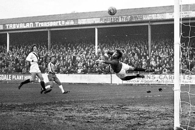 Wigan Athletic winger John Wilkie watches as his shot heads for the back of the net to give his team a 1-0 win over Division 4 York City in the FA Cup 1st round match at Springfield Park on Saturday 26th of November 1977.