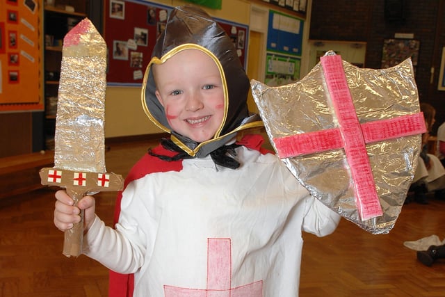 Layton dresses up a St George on Saints Day at St Jude's Catholic Primary School, Worsley Mesnes