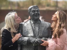 Charlotte Dawson and mum Tracey Dawson at the Les Dawson statue in St Annes