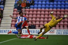 Ivan Toney scores for Latics during his loan spell in 2017-18