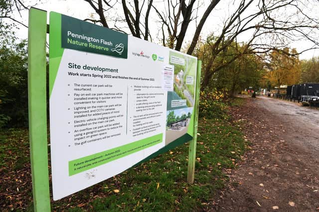 Signage at Pennington Flash Nature Reserve about site development.
