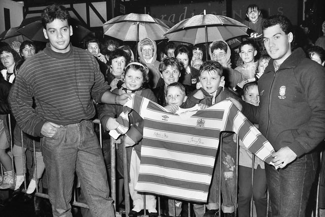 1988 - Wigan Rugby League's New Zealand brothers Tony and Kevin Iro who switched on the town's Christmas lights on Thursday 17th of November 1988.