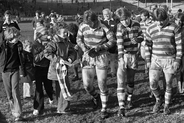 Disappointed Wigan players leave the pitch after the 11-11 draw against Workington Town in a league match at Central Park on Sunday 9th of March 1980.
The 1979/80 season saw Wigan relegated for the only time in their history.