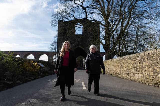 Kath Lord-Green with her mum Podcaster Jean Lord in front of Whalley Abbey East Gatehouse on Ridding Lane. Photo: Kelvin Stuttard