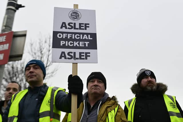 Train drivers from ASLEF will join the rally on Wednesday. Pictured are members of the union on strike in Glasgow in early January