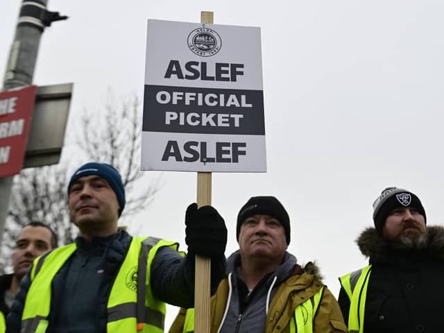 Train drivers from ASLEF will join the rally on Wednesday. Pictured are members of the union on strike in Glasgow in early January