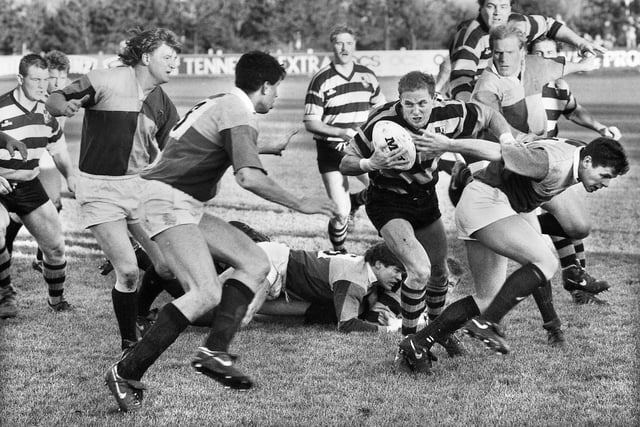 Orrell scrum-half Dewi Morris battles his way through the Harlequins defence in a Courage League Division One match at Edge Hall Road on Saturday 12th of January 1991.
Orrell won 12-9.