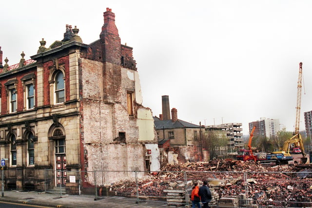 The King Street side of the old town hall building partly demolished in November 1998.  At the time it was stated that the 130 year old Grade 2 listed Victorian building was being preserved for posterity and a mixture of offices were to be built.
