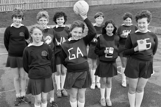 The trophy winning Millbrook Primary School, Shevington, netball team in May 1985.
They had won the Butlins Venture Tournament for the third year at Pwllheli and were also runners-up in the Appley Bridge tournament.