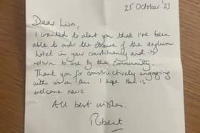 Immigration minister Robert Jenrick's hand-written letter to Wigan MP Lisa Nandy alerting her to an asylum hotel closure in her constituency but not saying which one