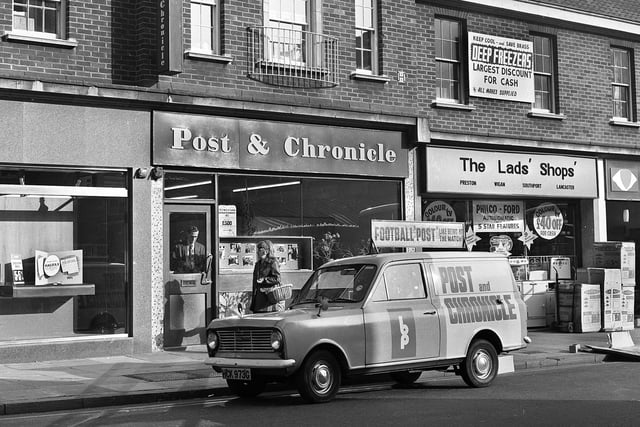 The Post and Chronicle newspaper office in Crompton Street with the Halifax Building Society to the left and The Lads Shops electrical shop on the right in 1971.