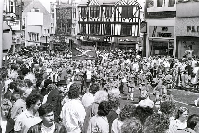 Retro 1987
Wigan Carnival  in June 1987 with majorettes marching up Standishgate