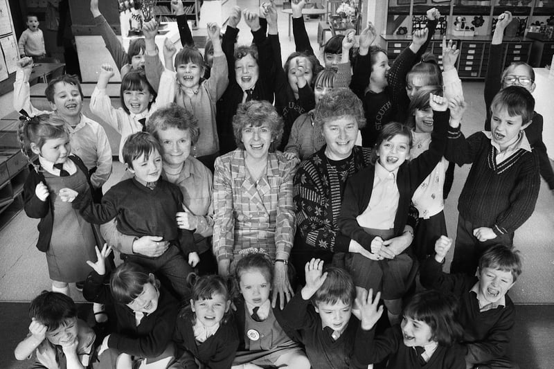 It was home-time for long serving teachers at St. Cuthbert's Infants School, Pemberton, who got a rousing send off from some of their charges on Wednesday 8th of March 1989.  The retiring trio were Mrs. Margaret Smith with 24 years service at St. Cuthbert's, Mrs. Maria Foster with 27 years service and Mrs. Helen Hogan with 25 years service.