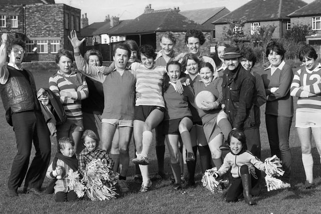 Participants in a charity soccer match organised by the Railway Hotel on Moss Lane playing fields, Platt Bridge, in aid of MENCAP on Sunday 17th of October 1982.