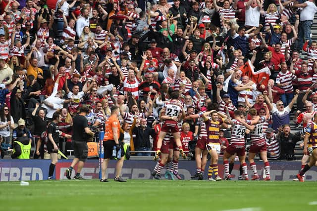 Warriors celebrate Liam Marshall winning try in the Betfred Super League Grand Final in May 2022