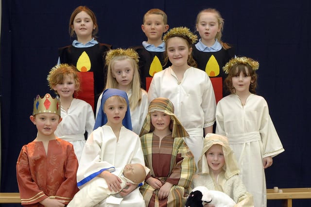 Hindley Junior and Infants Christmas Nativity : The Nativity - Pictured are Back Row LtR: Lauryn, Josh, Jasmine, Middle Row: Ellie, Sophie, Ebony and Chloe,  Front Row: Jamie, Mollie, Jamie and Max.
