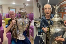 David O’Dwyer, 87 (left) and Fred Bowen, 83 (right) with the rugby Challenge Cup trophy