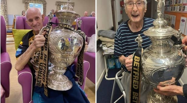 David O’Dwyer, 87 (left) and Fred Bowen, 83 (right) with the rugby Challenge Cup trophy