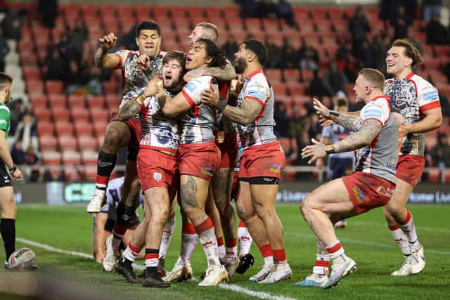 Joe Shorrocks celebrates scoring for Leigh