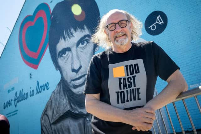 Official unveiling of a Mural on Leigh Town Hall car park dedicated to Pete Shelley of the Buzzcocks. Graphic Designer Malcolm Garrett MBE.