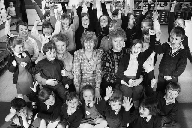 It was home-time for long serving teachers at St. Cuthbert's Infants School, Pemberton, who got a rousing send off from some of their charges on Wednesday 8th of March 1989. The retiring trio were Mrs. Margaret Smith with 24 years service at St. Cuthbert's, Mrs. Maria Foster with 27 years service and Mrs. Helen Hogan with 25 years service.