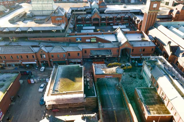 An aerial shot of the Galleries with the ramp up from Mesnes Street in the middle foreground