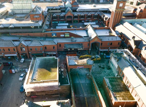 An aerial shot of the Galleries with the ramp up from Mesnes Street in the middle foreground