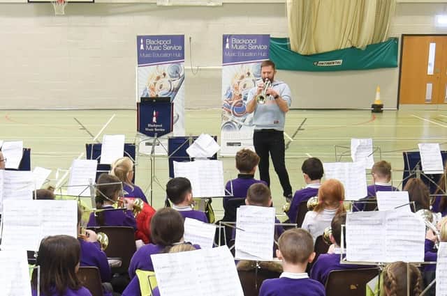 Members of the London Symphony Orchestra take part in a workshop with pupils from Blackpool Primary Schools.