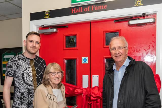 Bill’s wife Sheila Aspinall and son Andy Ashurst along with Wigan Council Leader David Molyneux opening the Hall of Fame