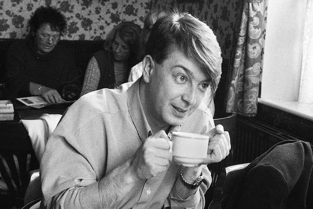 Stuart Maconie, who hailed from Worsley Mesnes, has a cuppa in the Cherry Gardens pub on Wigan Lane on Thursday 2nd of March 1995 when he was a presenter and DJ on Radio One.