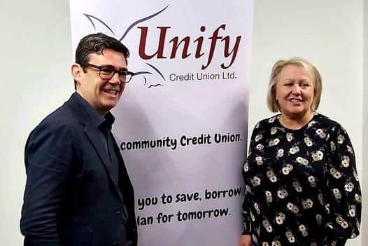 GM Mayor Andy Burnham with Unify credit Union CEO Angela Fishwick