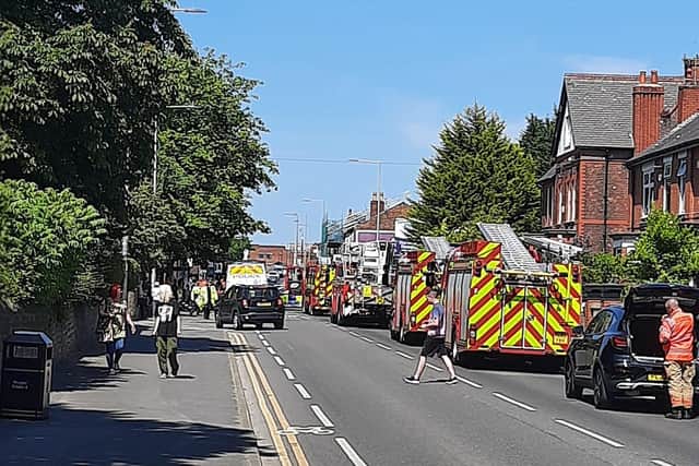 Multiple emergency service vehicles were on St Helens Road in Leigh. Photo by Rebecca Dagnall