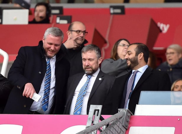 Latics chairman Talal Al Hammad (right), with chief executive Mal Brannigan (centre) and chief operating officer Dr Tom Markham (left)