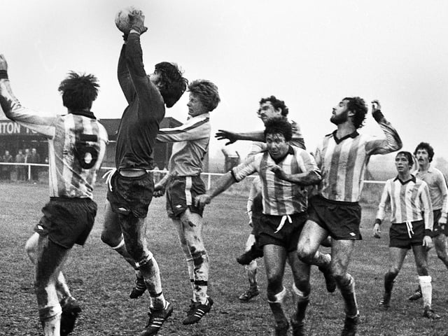 Action from the Lanacashire Inter League Competition First Round match between  the Post and Chronicle League and Wigan Amateur League at Ashton Town on Sunday 28th of October 1979. Wigan Amateur League won 3-1.