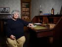 Miriam Margolyes with A Christmas Carol book by Charles Dickens at Gunnersbury Park Museum