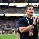 Wigan Warriors coach Matt Peet celebrates his team's victory over Warrington Wolves in Las Vegas