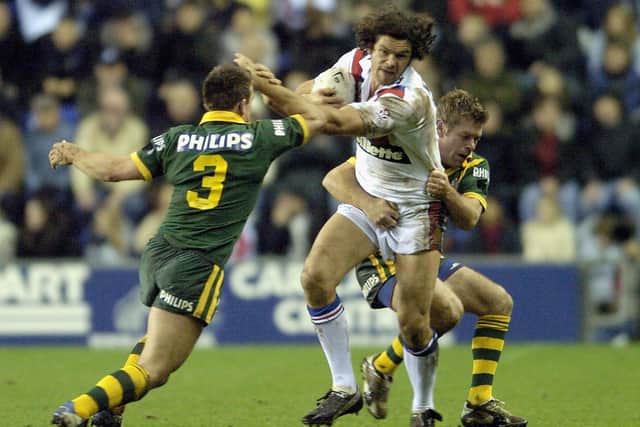 Andy Farrell in action for Great Britain against Australia during the Gillette Tri-Nations Series match in Wigan on November 13, 2004