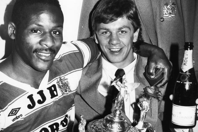 Ellery Hanley shares the moment of glory with the unlucky Steve Hampson.