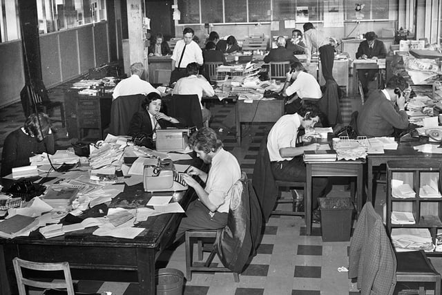 The cluttered editorial department of the Post and Chronicle newspaper at Brock Mill in Leyland Mill Lane in 1971.
