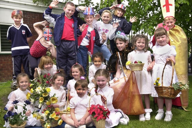 The queen's coronation anniversary and the world cup come together on Wednesday 29th of May 2002 at All Saints RC Primary School, Golborne, to celebrate the Queen's Golden Jubilee.