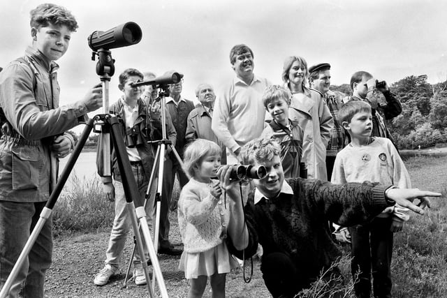 Members of the Royal Society for the Protection of Birds taking part in Britain's biggest birdwatch day on bank holiday May 1989 at Worthington Lakes, Standish.